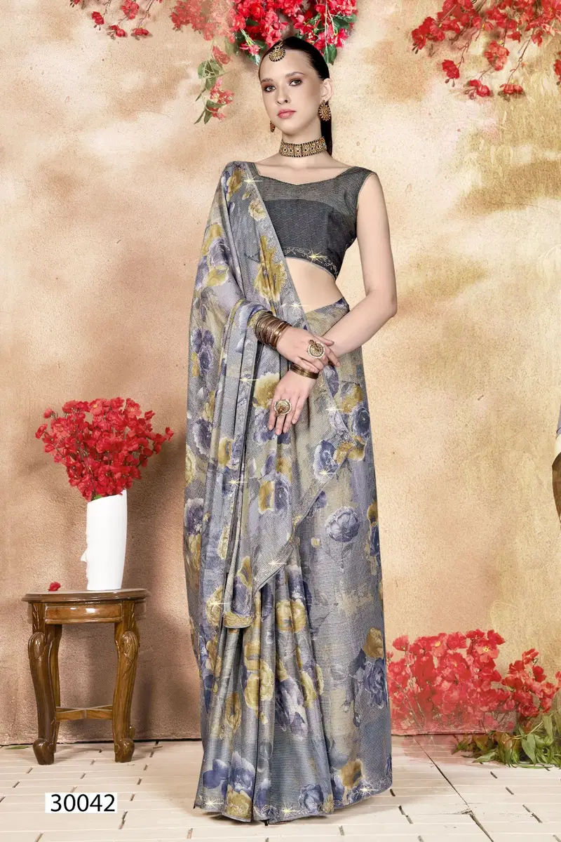 Elisha By Vallabhi Brasso Floral Printed Sarees Wholesale Price In Surat